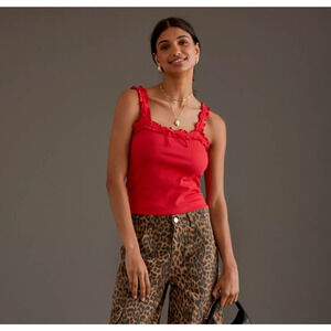 NWT Maeve Anthropologie Dorrie Ruffled Top XS Red Cami Tank Top Square Neck